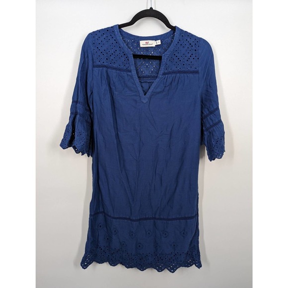 Vineyard Vines Dresses & Skirts - Vineyard Vines women 4 Blue Shift Flare Sleeve Lined Preppy Causal Eyelet Dress